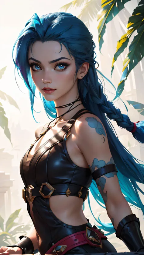 (best quality, masterpiece, colorful, dynamic angle, highest detailed)(Jinx, Legue of Legends, Arcane) upper body professional photo, award winning fashion photography of sexy, intense blue long hair, Jinx <lora:jinxLeagueOfLegends_v10:1>, Legue of Legends, Arcane, flirting, bokeh, (intricate details, hyperdetailed:1.15), detailed, sunlight passing through hair (official art, colorful background, extreme detailed, highest detailed),