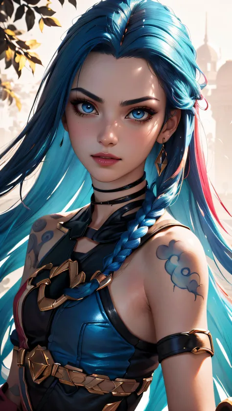 (best quality, masterpiece, perfect face, colorful, dynamic angle, highest detailed face)(Jinx, Legue of Legends, Arcane) upper body, professional photo, award winning fashion photography of sexy, intense blue long hair, Jinx <lora:jinxLeagueOfLegends_v10:1>, Legue of Legends, Arcane, bokeh, (intricate details, hyperdetailed:1.15), detailed, sunlight passing through hair (high contrast, official art, monchrome colorful background, extreme detailed, highest detailed),