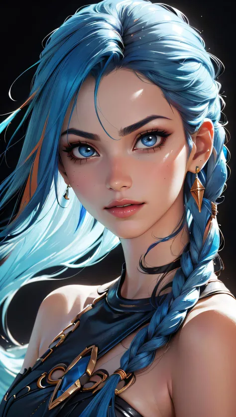 (best quality, masterpiece, perfect face, colorful, dynamic angle, highest detailed face)(Jinx, Legue of Legends, Arcane) upper body, professional photo, award winning fashion photography of sexy, intense blue long hair, Jinx <lora:jinxLeagueOfLegends_v10:1>, Legue of Legends, Arcane, bokeh, (intricate details, hyperdetailed:1.15), detailed, sunlight passing through hair (high contrast, official art, monchrome colorful background, extreme detailed, highest detailed),