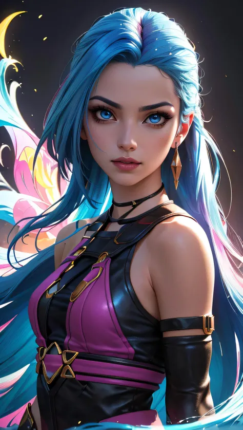 (best quality, masterpiece, colorful, dynamic angle, highest detailed)(Jinx, Legue of Legends, Arcane) upper body professional photo, award winning fashion photography of sexy, intense blue long hair, Jinx  <lora:jinxLeagueOfLegends_v10:1>, Legue of Legends, Arcane, bokeh, (intricate details, hyperdetailed:1.15), detailed, sunlight passing through hair (high contrast, official art, monchrome colorful background, extreme detailed, highest detailed),