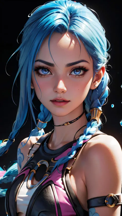 (best quality, masterpiece, perfect face, colorful, dynamic angle, highest detailed face)(Jinx, Legue of Legends, Arcane) upper body, professional photo, award winning fashion photography of sexy, intense blue long hair, Jinx  <lora:jinxLeagueOfLegends_v10:1>, Legue of Legends, Arcane, bokeh, (intricate details, hyperdetailed:1.15), detailed, sunlight passing through hair (high contrast, official art, monchrome colorful background, extreme detailed, highest detailed),