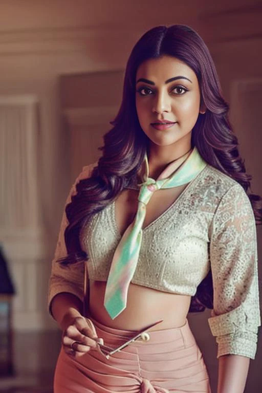 a women kajal , wearing a tie, cupcake in her hands, school, indoors, (soothing tones:1.25), (hdr:1.25), (artstation:1.2), dramatic, (intricate details:1.14), (hyperrealistic 3d render:1.16), (filmic:0.55), (rutkowski:1.1), (faded:1.3) <lora:kajal_model:0.88>