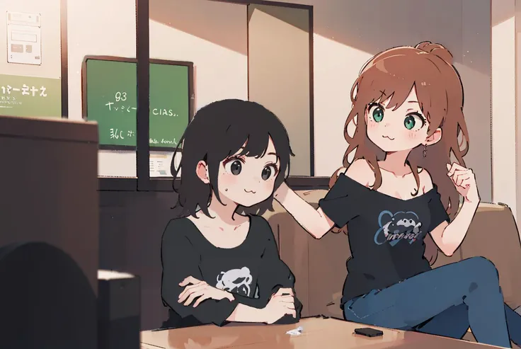 masterpiece, best quality, highly detailed, (indoors:1.5), outdoors,
:3, 2girls, <lora:flat2:1> <lora:add_detail:-1.5>, full body, Lips slightly open, sitting, clavicle, Arm at side
black t-shirt, <lora:Lisachi:0.75> lisachi <lora:newlisa:0.4>,