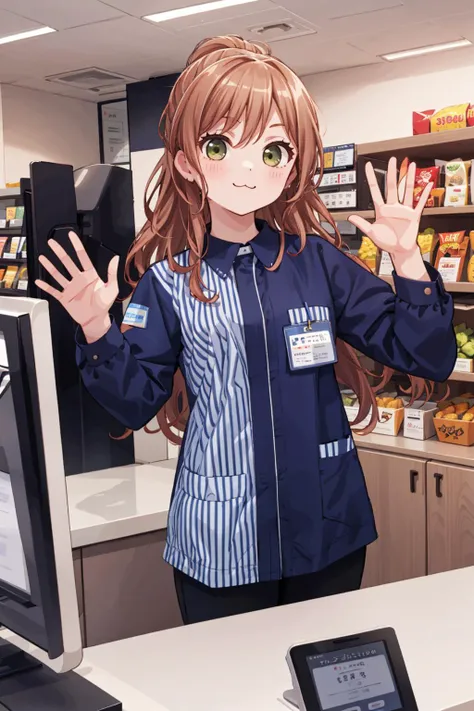 masterpiece, best quality, ultra-detailed, illustration,
konbini, scenery, shop, indoors, LAWSONU, employee uniform, uniform, shop, convenience store, uniform, realistic, employee uniform, striped shirt, smile, striped, food, 1boy, indoors, shirt, id card, vertical stripes, 1girl, holding, long hair, name tag, vertical-striped shirt, (:3:1)
<lora:LAWSON_scenery_SD15_V2:0.75>, medium breasts, green eyes, brown eyes, waving
 <lora:Lisachi:0.8>,  <lora:newlisa:0.4>, [ponytail:0.5]