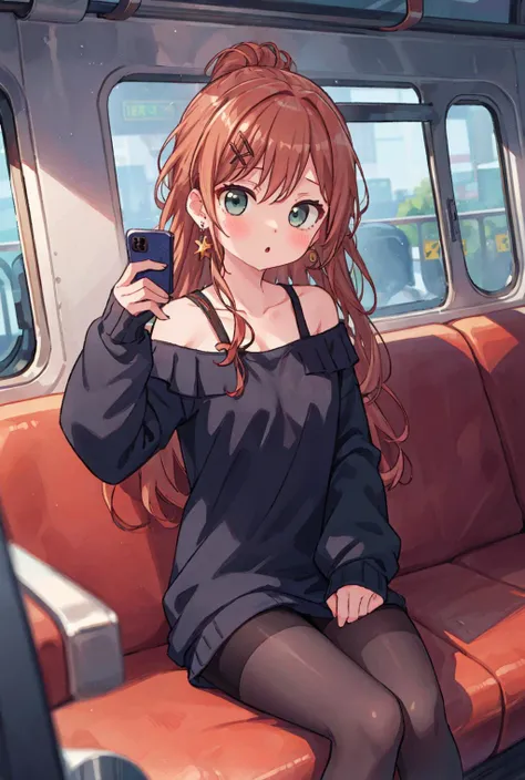 hair ornament, parted lips, train interior, phone, sleeves past wrists, 1girl, long hair, holding phone, shirt, cellphone, off shoulder, black shirt, long sleeves, :o, holding, blush, ear piercing, looking at viewer, piercing, sitting, solo focus, pantyhose, earrings, collarbone
<lora:Lisachi:0.75> <lora:newlisa:0.4>, ponytail, <lora:McDonaldsAdArtStyle:1.5> urachan1629