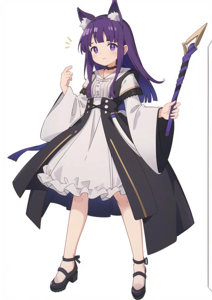 <lora:è²ä¼¦1Ve:0.8>,1girl,solo,purple hair,long hair,purple eyes,blunt bangs,sidelocks,bright pupils,frilled collar,black robe,white dress,center frills,wide sleeves,long sleeves,best quality,Young female,perfect eyes,perfect face,expressive eyes,looking at viewer,(beautiful_face:1.5),(narrow_waist),NSFW,
<lora:粥游ç«ç»-hard:0.7>,(full body:1.2),white background,