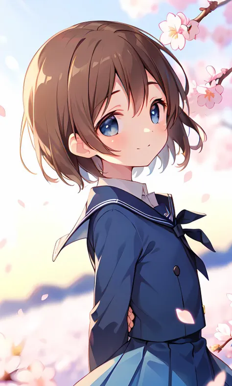 masterpiece,best quality,close up,(blurry background),(dynamic angle:1.2),(Inception_(film)),solo,(from side:0.8),light_smile,original,fluttering petals,flat_chest,brown hair,short hair,messy hair,((blue eyes)),(blue_school_uniform),blurry foreground,ripple,(cherry blossoms:1.2),(sunlight),(arms behind back:1.1),beautiful_eyes,