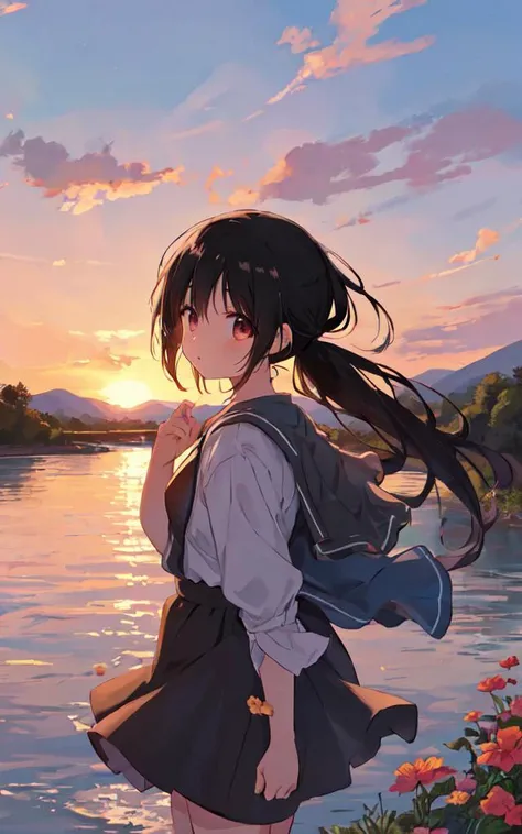 score_9, score_8_up, score_7_up,
source_anime,[rating_safe,source_hentai,rating_explicit:1.09],, A girl in leisurely clothes stood by the river watching the sunset, her long black hair tied in a ponytail and fluttering in the wind.
The scenery is exquisite and charming, with rich details,
the messy flowers are gradually becoming more and more attractive,