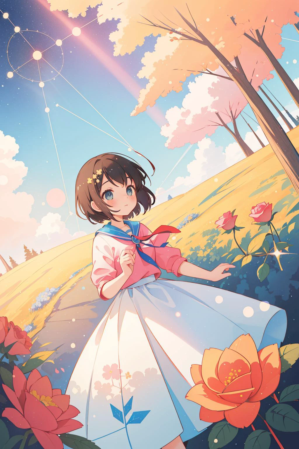 1girl, (stylized by Gifford Beal:1.1) , masterpiece Mixed media of a masterpiece, Witty Human ([Spice worm:Cancer constellation:3]:1.3) , attractive, at Absurd space, winter hillside with Roses, Sun in the sky, Bokeh, Fine art, Suffering, De Stijl, Direct light, pinhole lens, Technicolor, Crepuscular Rays, arcane, arthouse, Flickr