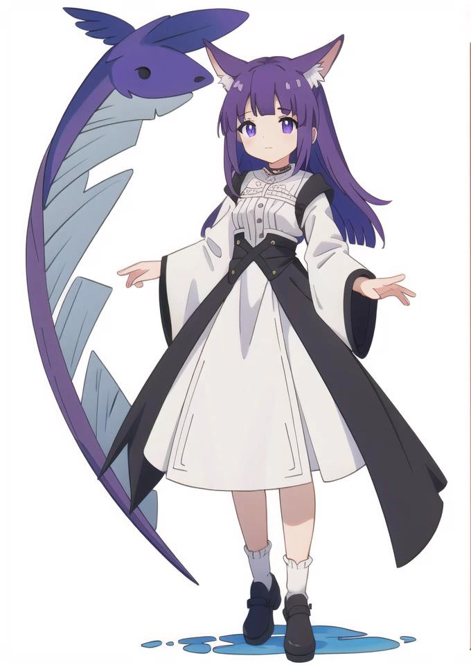 <lora:è²ä¼¦1Ve:0.8>,1girl,solo,purple hair,long hair,purple eyes,blunt bangs,sidelocks,bright pupils,frilled collar,black robe,white dress,center frills,wide sleeves,long sleeves,best quality,Young female,perfect eyes,perfect face,expressive eyes,looking at viewer,(beautiful_face:1.5),(narrow_waist),NSFW,
<lora:粥游ç«ç»-hard:0.7>,(full body:1.2),white background,