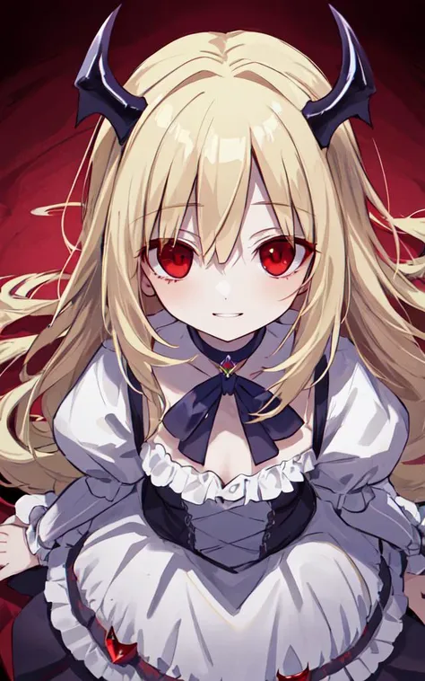 vampire bride,long blonde hair,sapphire red eyes,sapphire red eyes,
looking at viewer,eye eye contact,
choker,devil smile,
dynamic composition,
from above,close-up,sharp focus,
horror \(theme\),dutch angle,