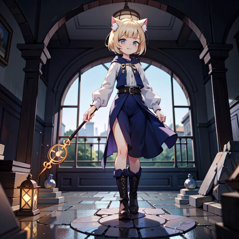 Top image quality,âmasterpiece,Leyendecker's style,Fantasy 3D,The underground maze of the old castle,Nordic beautiful girl,Half eye,The iris is blue,Smirking expression,Pretty small face,Light makeup,Two cat ears on the head,Platinum blonde short hair,tiny chest,short waist,Big ass,Sitting on a crumbled stone,alchemist,Full body like,She holds a magic wand in her right hand,Gothic dress with long sleeves,long skirt,Leather boots,The room at the end of the passage glows blue...,Faceless figure standing in the hood,holding lantern,Lots of glowing spheres,rubble,thirds rule,Ultra-wide low-angle,looking at viewer,