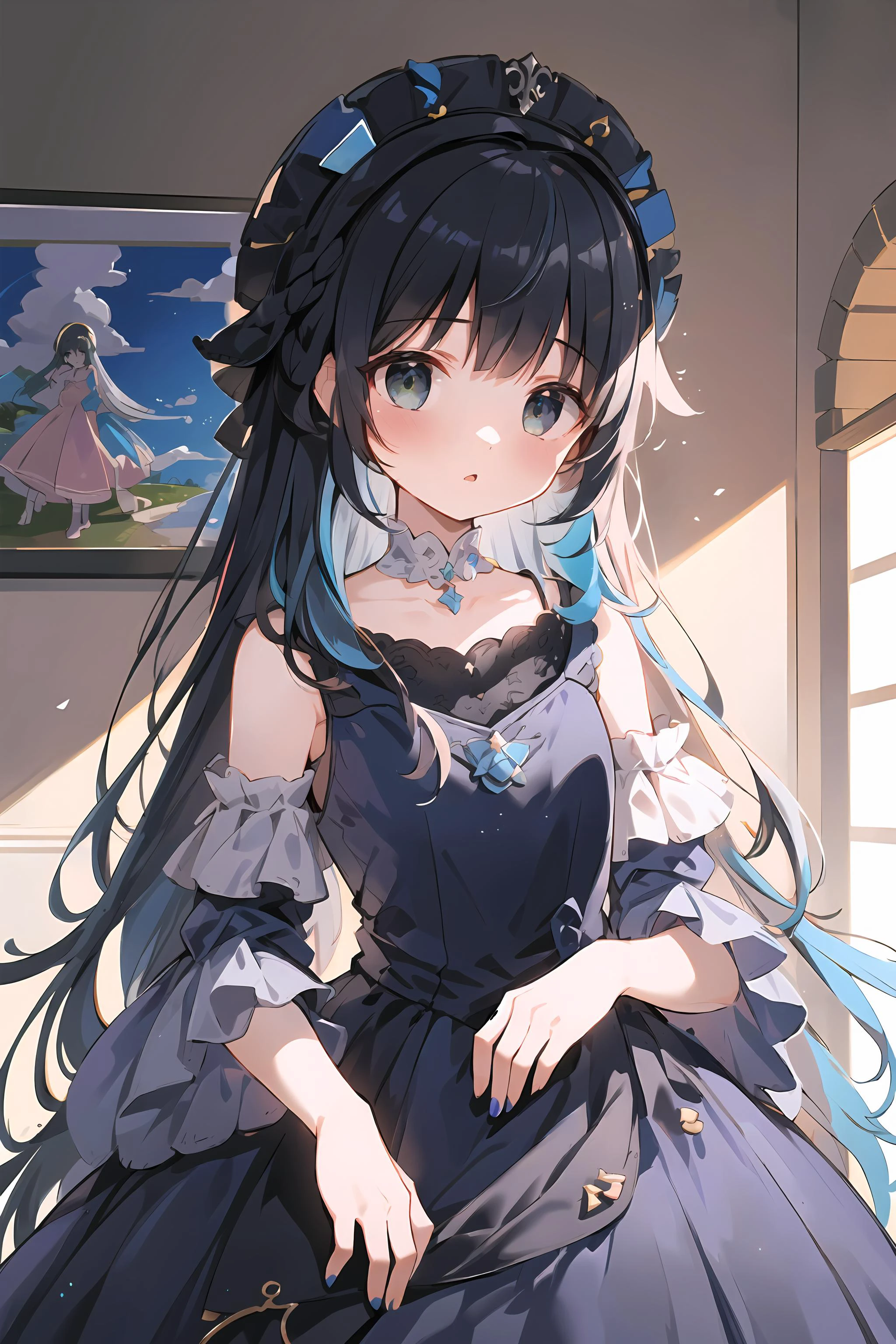 (perfect details:1.1),(illustration:1.1),high quality,
Western medieval houses,clear day,
1girl, [green eyes:0.7],long hair, dress,
multicolored hair,([black_hair|blue_hair]:1.8),multicolored clothes,([purple_dress | red_dress]:1.5),
standing, upper body,  
 <lora:knight_v4.1SD:0.3> <lora:taFashionDress_floral_style3:0.5>
