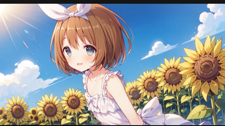 <lora:kurumi1.5-000006:0.6>,kurumi,masterpiece,best quality,(blurry background),(depth of field),(dynamic angle:1.2),(cowboy shot:0.8),(Inception_(film)),beautiful detailed eyes,solo,(from side:0.8),(from below:0.8),original,flat_chest,brown hair,short hair,messy hair,((blue eyes)),cinematic highlight hair,sun,handsome,blue_sky,light_smile,(white sundress:0.8),(Sunflower Garden:1.1),(white bow_hairband:1.1),kind_smile,looking at viewer,arms behind back,