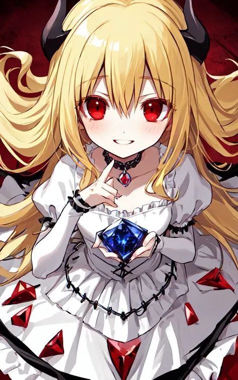 vampire bride,long blonde hair,sapphire red eyes,sapphire red eyes,
looking at viewer,eye eye contact,
choker,devil smile,
dynamic composition,
from above,close-up,sharp focus,
horror \(theme\),dutch angle,
