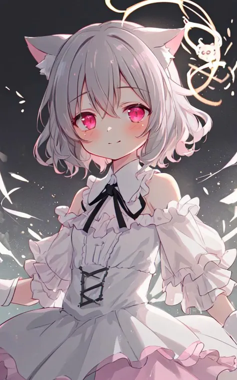 1girl,cat ears,animal ear fluff,hair ribbon,pink eyes,grey hair,short hair,bangs,hair between eyes,eyebrows visible through hair,blush,closed mouth,light smile,neck ribbon,white white gloves,skirt,frilled_collar,crease,flat chest,, (demon girl),
upper body,head and shoulders portrait,
black background,plant,
[dynamic angle],
Alluring, Flirtatious,Amative,
hair behind ear,[beauty spot],[lipstick:1.2],
beautiful detailed and gradient Googly Eyes,[ruby_eyes],
dark makeup,short_hair,curly hair, gradient hair,
beautiful Eurasian,detailed gorgeous face,
wearing a white dress,
perfect lighting,reflection light,soft light,Halogen,Crepuscular Rays,
attractive,appealing,energetic,soothing,
hyperdetailed photography,Split-Complementary-Colors,
Elegant, Angelic,cryptic, Dramatic,
best quality,award winning,outstanding,