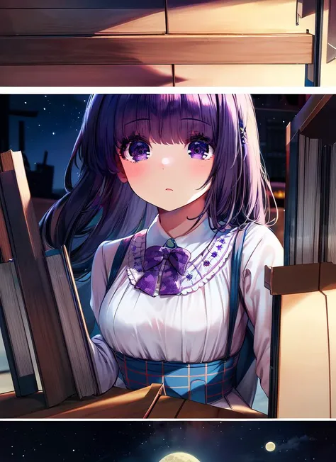 ((best quality)), ((highly detailed)), masterpiece, absurdres, (detailed eyes, deep eyes), <lora:more_details:.7>, (1girl), <lora:bookshelfpov:1>, bp1, bookshelf pov, bookshelf, books, library, innocent, wide eyes, big eyes, cute, breasts, purple sundress, maxi skirt, (outdoors, at a village, night, night sky, stars, full moon, telescope)