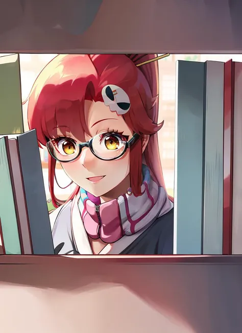 ((best quality)), ((highly detailed)), absurdres, extremely detailed face, beautiful face, (detailed eyes, deep eyes), (1girl), (glasses), <lora:bookshelfpov:1>, bp1, bookshelf pov, bookshelf, books, library, <lora:yoko_littner:.9>, yoko_littner, red hair, very long hair, ponytail, hair stick, skull hair ornament, yellow eyes, smiling, bikini top only, scarf, gloves, short shorts, belt, thighhighs, pink legwear, boots, white footwear, (inside, at a kitchen, preparing food)