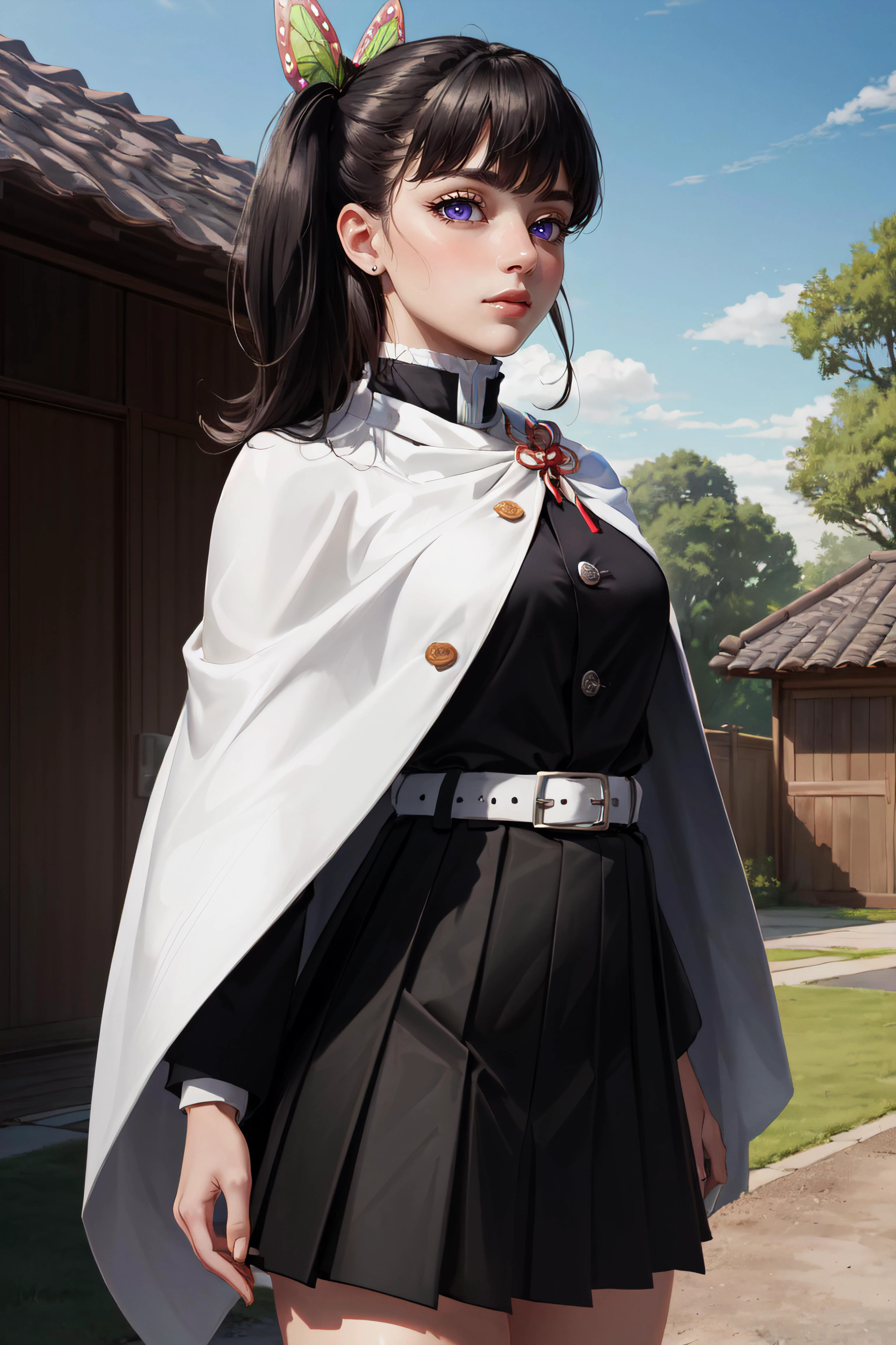(masterpiece, best quality, ultra detailed, absurdres:1.5), 1girl, 1 girl, (sexy, beautiful woman, perfect face, perfect eyes, perfect female body:1.5), (kanaodef, black hair, long hair, blunt bangs, bangs, hair ornament, bug, butterfly, side ponytail, butterfly hair ornament, skirt, long sleeves, jacket, black jacket, pleated skirt, belt, black skirt, knee, buckle, sheathed, belt buckle, white belt, cape, white cape, demon slayer uniform, kimetsu no yaiba, <lora:LoRA_Kanao:1>), (standing, outdoors, dojo in background), perfect lighting, smooth, hdr