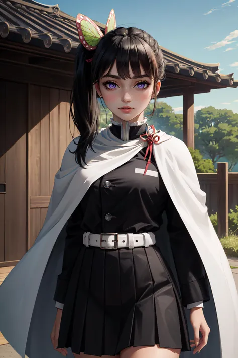 (masterpiece, best quality, ultra detailed, absurdres:1.5), 1girl, 1 girl, (sexy, beautiful woman, perfect face, perfect eyes, perfect female body:1.5), (kanaodef, black hair, long hair, blunt bangs, bangs, hair ornament, bug, butterfly, side ponytail, butterfly hair ornament, skirt, long sleeves, jacket, black jacket, pleated skirt, belt, black skirt, knee, buckle, sheathed, belt buckle, white belt, cape, white cape, demon slayer uniform, kimetsu no yaiba, <lora:LoRA_Kanao:1>), (standing, outdoors, dojo in background), perfect lighting, smooth, hdr