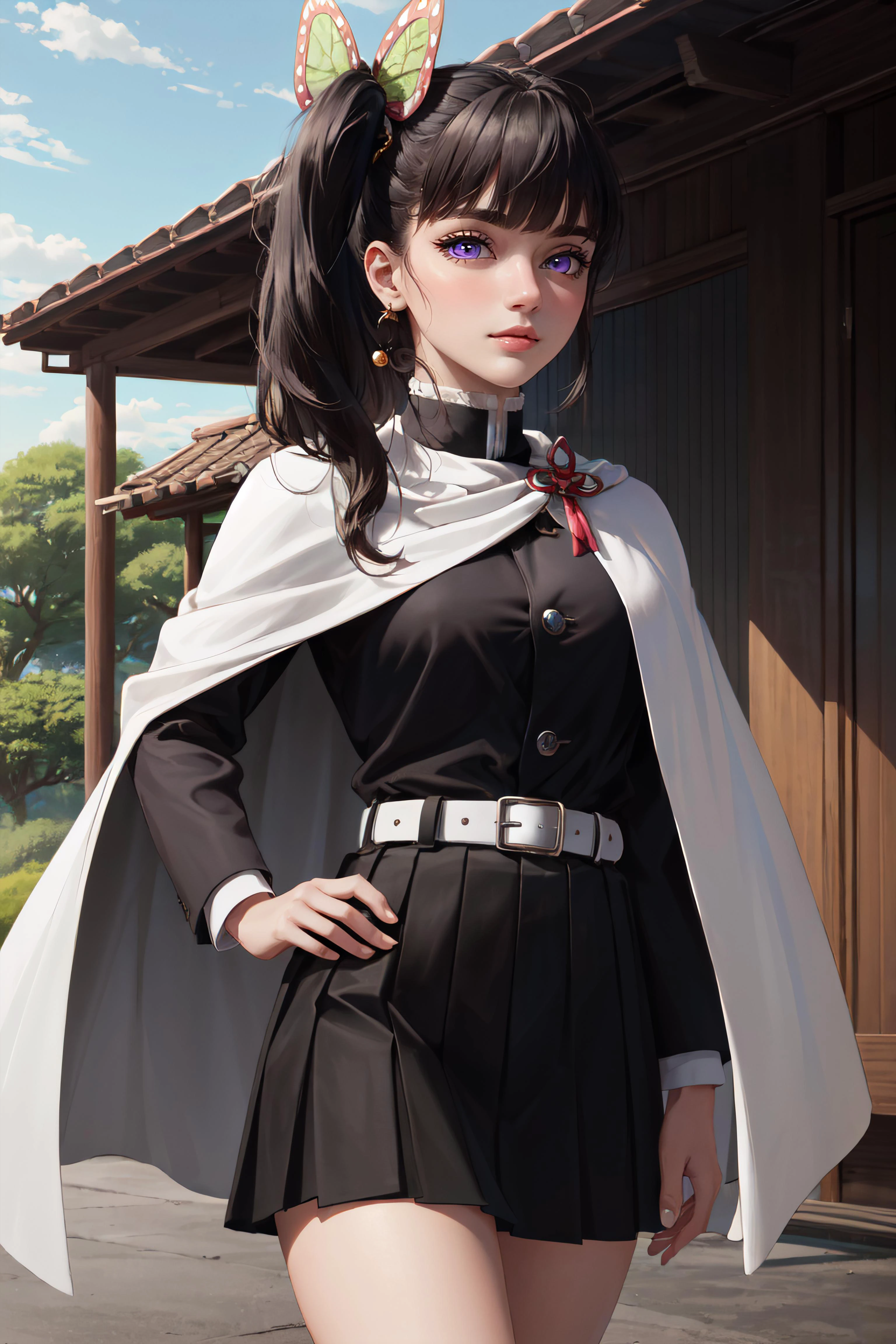 (masterpiece, best quality, ultra detailed, absurdres:1.5), 1girl, 1 girl, (sexy, beautiful woman, perfect face, perfect eyes, perfect female body:1.5), (kanaodef, black hair, long hair, blunt bangs, bangs, hair ornament, bug, butterfly, side ponytail, butterfly hair ornament, skirt, long sleeves, jacket, black jacket, pleated skirt, belt, black skirt, knee, buckle, sheathed, belt buckle, white belt, cape, white cape, demon slayer uniform, kimetsu no yaiba, <lora:LoRA_Kanao:1>), (standing, outdoors, dojo in background), perfect lighting, smooth, hdr