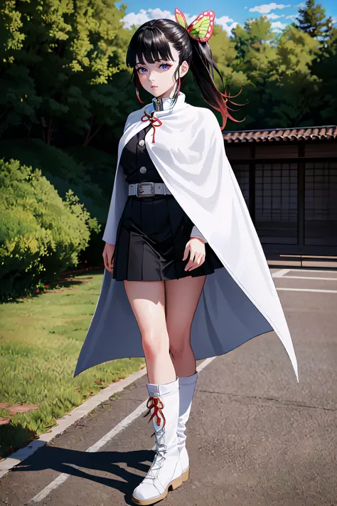 (masterpiece, best quality, ultra detailed, absurdres:1.5), 1girl, 1 girl, (sexy, beautiful woman, perfect face, perfect eyes, perfect female body:1.5), (kanaodef, black hair, long hair, blunt bangs, bangs, hair ornament, bug, butterfly, side ponytail, butterfly hair ornament, skirt, long sleeves, jacket, black jacket, pleated skirt, belt, black skirt, knee, buckle, sheathed, belt buckle, white belt, cape, white cape, white boots, demon slayer uniform, kimetsu no yaiba, <lora:LoRA_Kanao:1>), (full body, standing, outdoors, dojo in background), perfect lighting, smooth, hdr