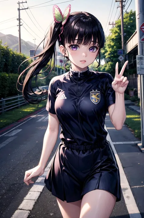 (masterpiece, best quality, detailed), 1girl, solo, looking at viewer, KanaoDef, purple eyes, black hair, long hair, blunt bangs, bangs, hair ornament, bug, butterfly, side ponytail, butterfly hair ornament,
<lora:Soccer Uniform By Stable Yogi:0.5>, soccer uniform, road, utility pole, guard rail, road sign, power lines, hill, railing, scenery, outdoors, mountainous horizon, landscape, peace sign, parted lips, heavy breathing