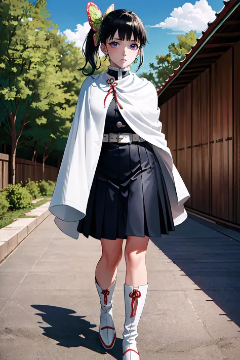 (masterpiece, best quality, ultra detailed, absurdres:1.5), 1girl, 1 girl, (sexy, beautiful woman, perfect face, perfect eyes, perfect female body:1.5), (kanaodef, black hair, long hair, blunt bangs, bangs, hair ornament, bug, butterfly, side ponytail, butterfly hair ornament, skirt, long sleeves, jacket, black jacket, pleated skirt, belt, black skirt, knee, buckle, sheathed, belt buckle, white belt, cape, white cape, white boots, demon slayer uniform, kimetsu no yaiba, <lora:LoRA_Kanao:1>), (full body, standing, outdoors, dojo in background), perfect lighting, smooth, hdr