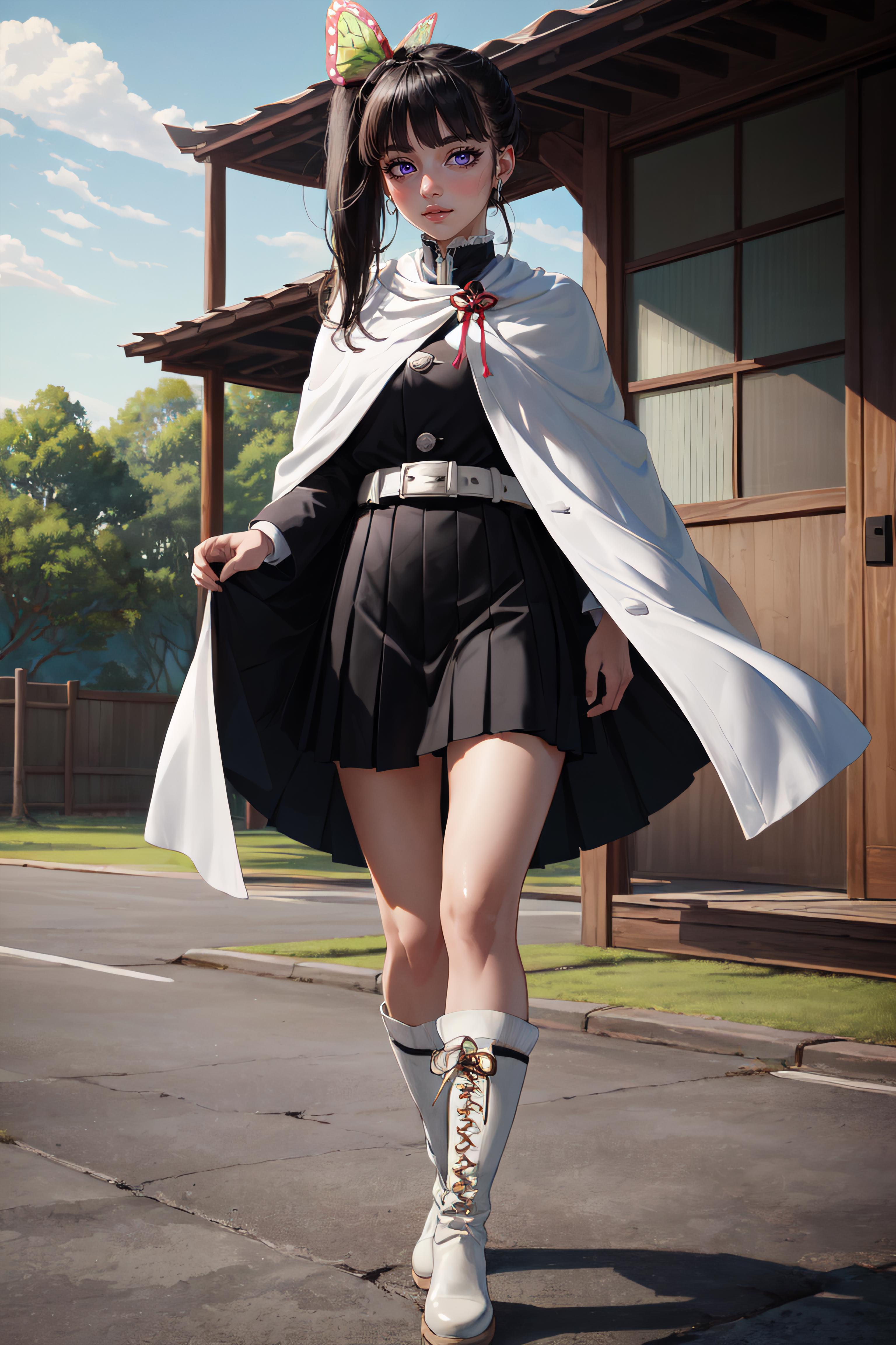 Anime girl in a short skirt and cape walking down the street - SeaArt AI