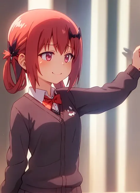 satanichia_kurumizawa_mcdowell, 1girl, solo,,hair bow, <lora:satanichia_v1:0.8>, blue_sky, solo, sky, smile, school_uniform, short_sleeves, upper_body, day, shirt, window, sweater_vest, (red bow:1.25), (hair ornament:1.25), (illustration:1.1),(best quality),(masterpiece:1.1),(beautiful and clear background:1.25),(extremely detailed CG unity 8k wallpaper:1.1), (colorful:0.9),(depth of field:0.75)