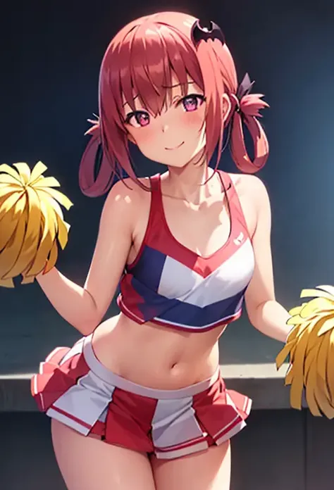 sdr, 1girl, solo,
<lora:satanichia_v1-000007:0.7>,
((8k, RAW photo, highest quality, masterpiece), High detail RAW color photo professional close-up photo, (realistic, photo realism:1. 37), (highest quality), (best shadow), (best illustration), collarbone, ultra high resolution, highly detailed CG unified 8K wallpapers, physics-based rendering, cinematic lighting), ahoge, bare shoulders, blush, breasts, breath, smile, small breasts, solo, thighs, ((masterpiece)), sideface, very detailed face, cheerleader, pompons, bat hair ornament,