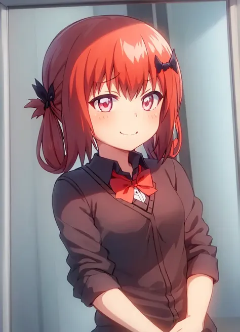 satanichia_kurumizawa_mcdowell, 1girl, solo,,hair bow, <lora:satanichia_v1:0.8>, blue_sky, solo, sky, smile, school_uniform, short_sleeves, upper_body, day, shirt, window, sweater_vest, (red bow:1.25), (hair ornament:1.25), (illustration:1.1),(best quality),(masterpiece:1.1),(beautiful and clear background:1.25),(extremely detailed CG unity 8k wallpaper:1.1), (colorful:0.9),(depth of field:0.75)