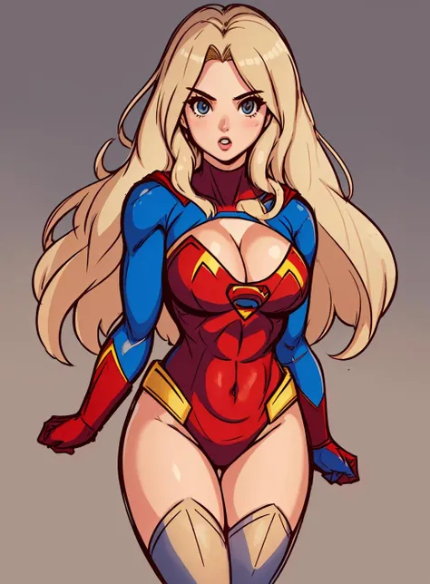 draw of a supergirl,
blonde hair, cleavage, cute superhero suit, large breasts, long hair, solo,
<lora:Flat_Cute_Style-000004:.7>