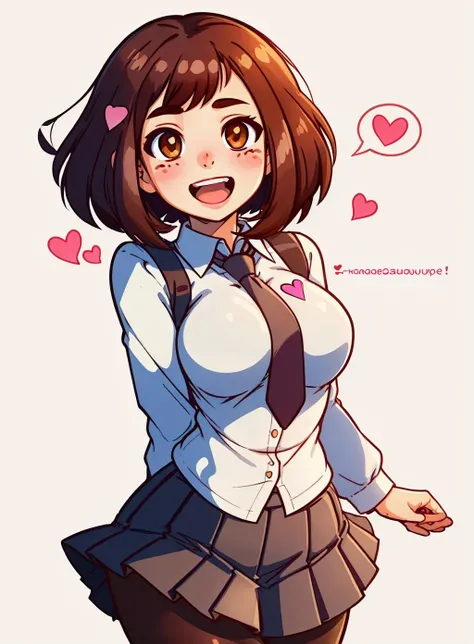 1girl, blush, blush stickers, breasts, brown eyes, brown hair, heart, looking at viewer, necktie, open mouth, pantyhose, pleated skirt, school uniform, short hair, simple background, skirt, smile, solo, speech bubble, spoken heart, uraraka ochako, white background
<lora:Flat_Cute_Style-000004:.7>
