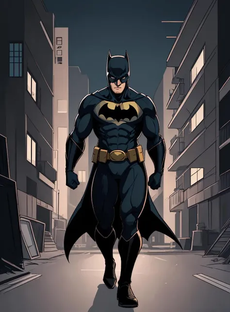 1 man, looking at viewer, simple background, solo, batman, dark night , full body, buildings, darkness
<lora:Flat_Cute_Style-000004:.7>