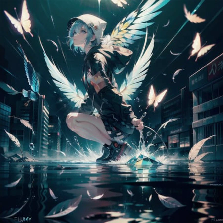 ((masterpiece)), ((best quality)), (detailed background:1.4), ultra-detailed background, (1girl, solo), (Water Effects, Light Effects, Fluttering Feathers, crystal:1.4), (kaleidoscope:1.2), full body, solo, white, blue eyes, Unique hoodie, vector, synmetry, 1girl, concept art, city, cyberpunk, , Highly detailed and finely crafted with crazy details, lumen, ray trace