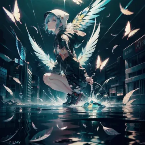 ((masterpiece)), ((best quality)), (detailed background:1.4), ultra-detailed background, (1girl, solo), (Water Effects, Light Effects, Fluttering Feathers, crystal:1.4), (kaleidoscope:1.2), full body, solo, white, blue eyes, Unique hoodie, vector, synmetry, 1girl, concept art, city, cyberpunk, , Highly detailed and finely crafted with crazy details, lumen, ray trace