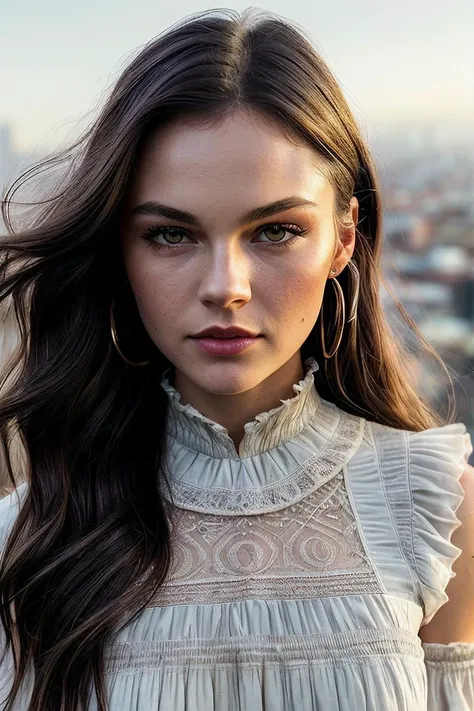 beautiful woman (S0ph13Sk3lt0n:.99), perfect hair, ruby jewellery, ((portrait)), (closeup:1.2), ((from the waist up)), ((( A trendy rooftop bar, offering panoramic views of a bustling, modern cityscape :1.2 ))), natural skin texture,  ((  Smocked dress :1.2)), 24mm, 4k textures, soft cinematic light, adobe lightroom, photolab, hdr, intricate, elegant, highly detailed, sharp focus, ((((cinematic look)))), soothing tones, insane details, intricate details, hyperdetailed, low contrast, soft cinematic light, exposure blend, hdr, faded, now, ("I've got a bad feeling about this.":1.1)