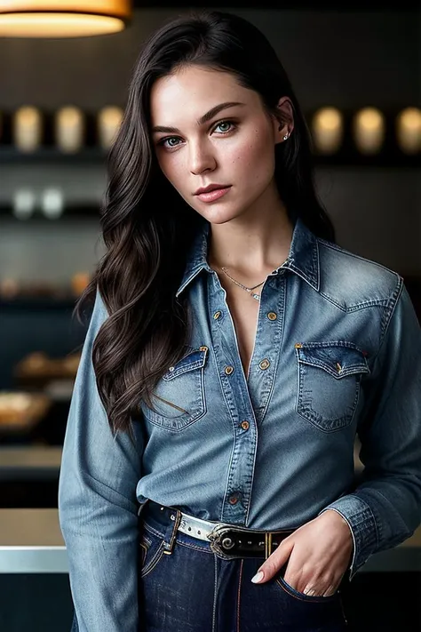 beautiful woman (S0ph13Sk3lt0n:.99), perfect hair, ruby jewellery, ((portrait)), (closeup:1.2), ((from the waist up)), ((( A stylish, modern sushi bar, featuring a sleek conveyor belt system and a variety of fresh, gourmet options :1.2 ))), natural skin texture,  ((  Fringe top and denim jeans :1.2)), 24mm, 4k textures, soft cinematic light, adobe lightroom, photolab, hdr, intricate, elegant, highly detailed, sharp focus, ((((cinematic look)))), soothing tones, insane details, intricate details, hyperdetailed, low contrast, soft cinematic light, exposure blend, hdr, faded, now, ("I've got a bad feeling about this.":1.1)