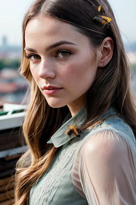 beautiful woman (S0ph13Sk3lt0n:.99), perfect hair, ruby jewellery, ((portrait)), (closeup:1.2), ((from the waist up)), ((( A contemporary rooftop beekeeping school, teaching urban beekeeping techniques and promoting pollinator conservation :1.2 ))), natural skin texture,  ((  Long sleeve maxi dress :1.2)), 24mm, 4k textures, soft cinematic light, adobe lightroom, photolab, hdr, intricate, elegant, highly detailed, sharp focus, ((((cinematic look)))), soothing tones, insane details, intricate details, hyperdetailed, low contrast, soft cinematic light, exposure blend, hdr, faded, now, ("I've got a bad feeling about this.":1.1)
