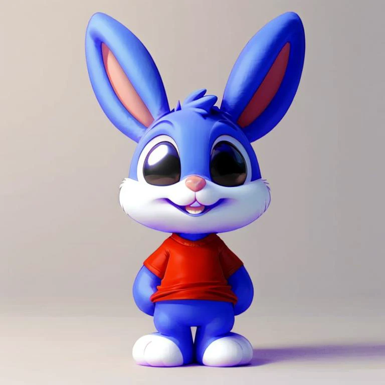 masterpiece, best quality, <lora:BusterBunny_2D:0.6>, Baster, buster bunny, blue body color, white cheeks, ((colorless eyes)), ((black iris)), white legs, pink nose, white tail, blue ears, erect ears, buck teeth, colorless eyes, ((Red T-shirt)), solo, cute,(Front view:1.2),(front:1.1),blind box, 3d rendering,HD,8K, white background,  <lora:dayanmengV2-000010:0.8>,