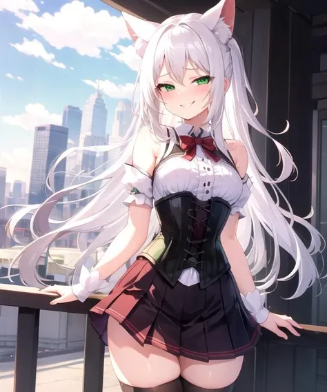 masterpiece, best quality,highres,outdoors,day,cityscape, solo,white hair, green eyes,long hair, corset,pleated miniskirt, thighhighs, smirk,  <lora:Sims_Azur_Lane:0.8>