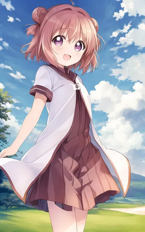 ((masterpiece)),(((bestquality))),((ultra-detailed)),((illustration)), ((disheveledhair)), {extremely detailed}, (akari feature), <lora:akari_bp:0.8>, outdoors, blue sky, detailed background, cloud, smilling, flush