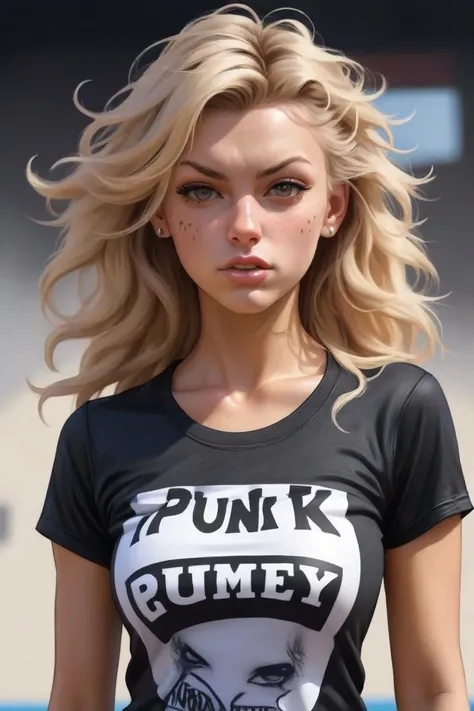 (1girl), medium breasts, tan, dewy skin, sweaty skin, wavy blonde hair, punk tshirt, punk girl