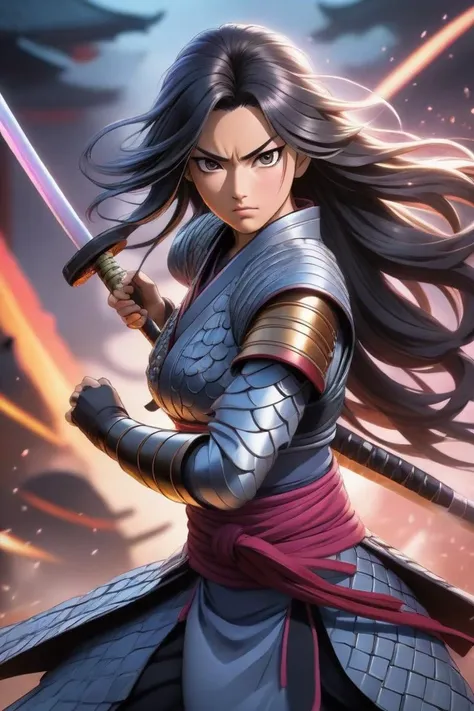 ((best quality)),((masterpiece)),(detailed),fierce anime woman,wielding katana,battle-ready stance,intricate armor,flowing hair,(Japanese animation style:1.3),(Masashi Kishimoto:1.1),(Tite Kubo:1.1),intense gaze,dynamic background,vibrant colors,(action-packed composition:1.3),(8k resolution:1.2),