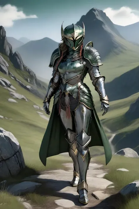 hxarmour,1 woman,(dark green armour:1.1),mountain,walking,<lora:HXarmour_006XL:0.6>,