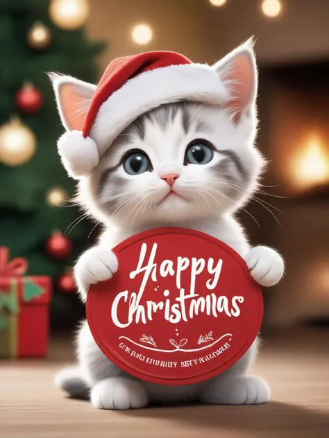 Create an analog raw photograph showcasing a delightful anthropomorphic kitten with christmas hat,exuding charm and lifelike qualities,under christmas tree. This kitten,skillfully blending human-like attributes with its inherent feline allure,is shown (holding a sign that clearly reads "Happy Christmas!":1.7).,
The focus is on capturing a scene that's both natural and captivating. The kitten's expression should be irresistibly adorable and rich in expression,perfectly reflecting its anthropomorphic nature. Pay close attention to the details of its fur,eyes,and overall posture,portraying a seamless blend of kitten-like innocence and a subtle hint of human-like awareness.,
The ("Review" sign:1.25) held by the kitten should be designed in a way that aligns with its playful yet sincere character. For the lighting and background,aim for a soft,natural ambiance that accentuates the kitten's features and the tactile quality of the sign. The background should be understated yet appealing,ensuring the viewer's attention remains fixed on the kitten with its important message.,
This photograph is intended not just to capture a whimsical moment but to resonate emotionally with the audience,weaving a narrative of charm and endearment through the unique and captivating depiction of the anthropomorphic kitten.,, best quality,realistic,masterpiece,photography,RAW photo,highres,(absurdres:1.2),Kodak Protre 400,film grain,lens flare,