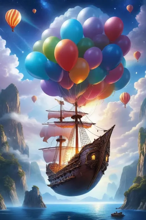 (high quality:1.4),(best quality:1.4),(masterpiece:1.4),epic fantasy flying ship,official art,official wallpaper,surreal,floating cloud:1.1,detailed landscape:1.1,magic in the air:1.1,stardust:1.1,night sky,whimsical atmosphere:1.1,dreamlike world:1.1,baloons moonlight:1.1,enchanted forest,wisdom:1.1,powerful energy:1.1,guardian angels:1.1,peaceful:1.1,vibrant colors,(detailed:1.05),(extremely detailed:1.06),sharp focus,(intricate:1.03),cinematic lighting,(extremely intricate:1.04),(epic scenery:1.09),vibrant colors,(beautiful scenery:1.08),(detailed scenery:1.08),(intricate scenery:1.07),(wonderful scenery:1.05),(sharp focus,absurdres,high quality,masterpiece,highres,best quality:1.5),