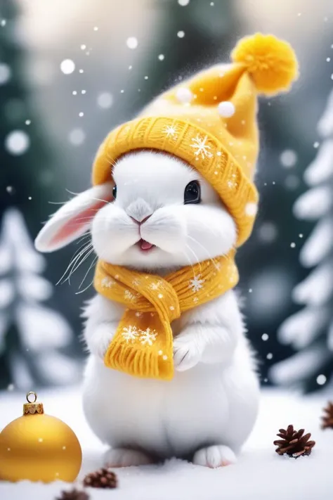 Microscopic image of kute mini rabbit with yellow Christmas hat and scarf with icicles snowballs and ribbons and pine cones and pine needles and gift christmas, blurred background yellow, falling snow, falling snowflakes, unbelievably beautiful. Tilt-shift. illustration, Super high Contrast, beautiful color coding, beautiful color grading,