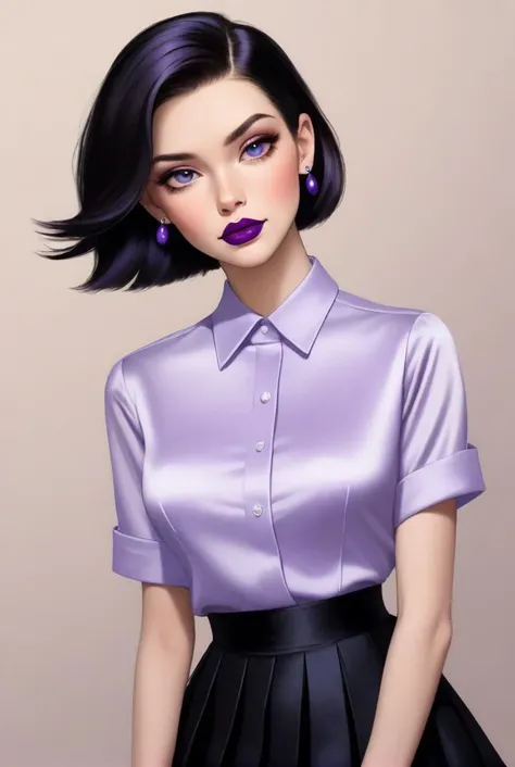 Shoulder-Length Hair, Straight Hair, Straight Updo, asymmetrical breasts, Clip-on earrings, violet satin lipstick, A collared shirt with a pleated skirt and ballet flats